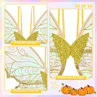 BLEUM CADE Fairy Wings for Adults and Girls,Fairy Costume Set with Floral Garland, Wand & Elf Ears, Organza Butterfly Wings Ideal for Halloween,Cosplay,Party,Golden
