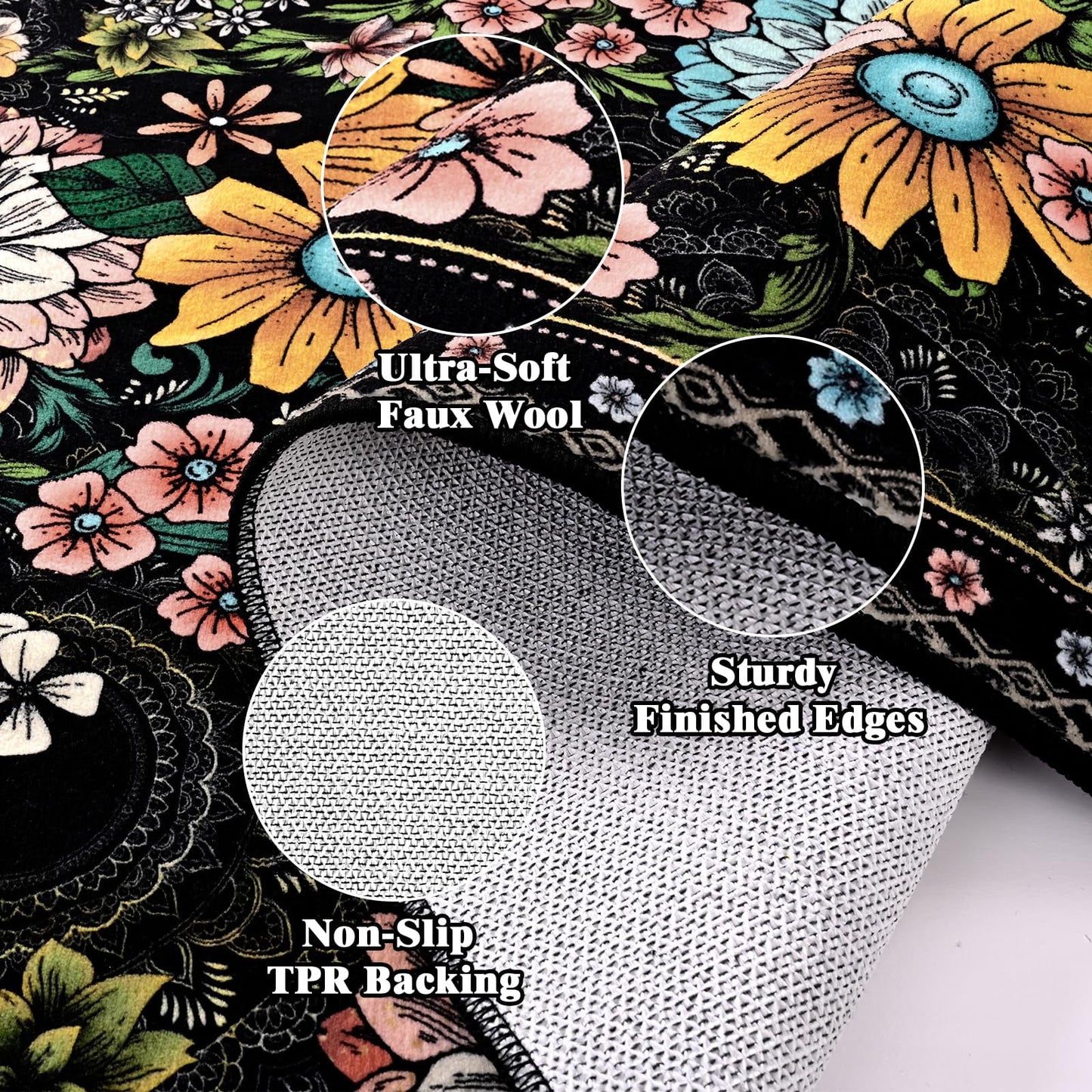 Bleum Cade Floral Area Rug for Living Room 5x7, Boho Washable Rug, Soft Faux Wool Indoor Rug Carpet for Living Room Bedroom, Black