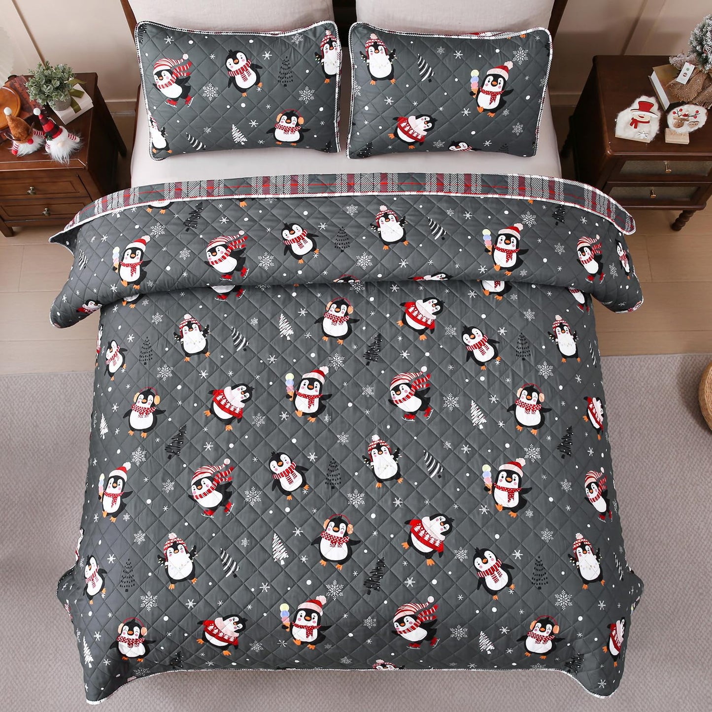BLEUM CADE Christmas Quilts Sets King Size,3 Pieces Christmas Penguin Quilt Bedding Set, Reversible Grey Buffalo Plaid Comforter Sets,Soft Lightweight Xmas Bedspread Coverlet, 106" x 96"