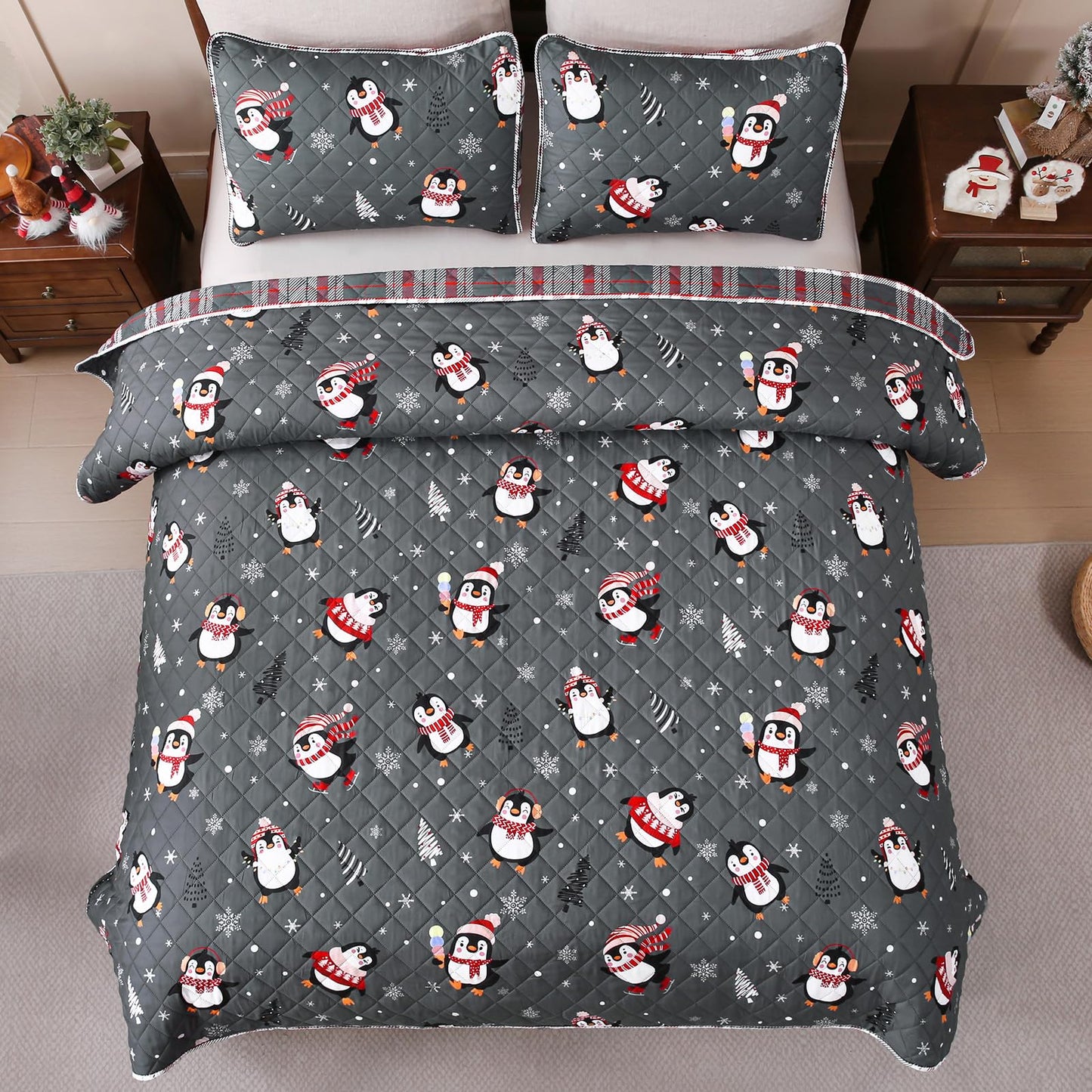 BLEUM CADE Christmas Quilts Sets Queen Size,3 Pieces Christmas Penguin Quilt Bedding Set, Reversible Grey Buffalo Plaid Comforter Sets, Christmas Tree Soft Lightweight Xmas Bedspread Coverlet,90"x90"