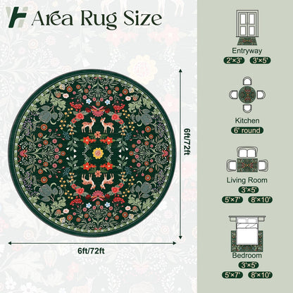 Bleum Cade Round Rugs 6ft Floral Area Rug for Living Room Green Washable Rug Non Slip Soft Low Pile Faux Wool Botanical Throw Rugs for Bedroom, Dining Room, Nursery, Home Decor