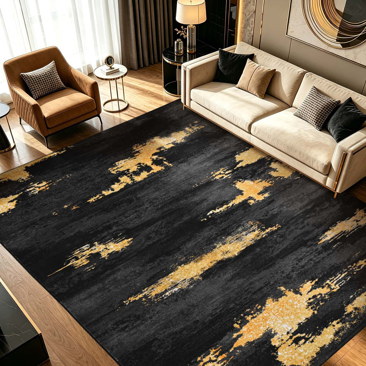 Bleum Cade 8'x10' Area Rugs for Living Room, Washable Rugs Modern Rugs for Bedroom Dinning Room,Abstract Rug Ultra Soft Non Slip Durable Large Carpet Home Decor, Black Gold