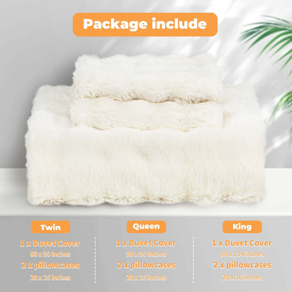 BLEUM CADE Faux Fur Comforter Set Queen Size Off-White,3 Piece Fluffy Fuzzy Soft Bedding Set,Shaggy Comforter with 2 Pillowcases