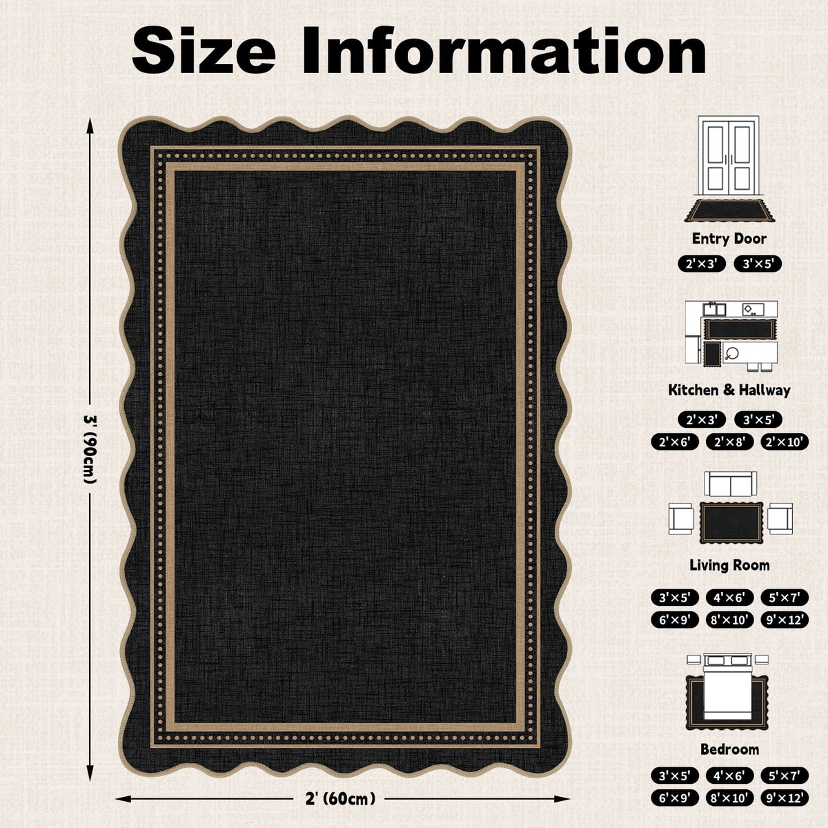 Bleum Cade Scalloped Entryway Rug 2'x 3', Washable Rug Solid Black Non Slip Door Mat Indoor,Soft Low Pile Ultra-Thin Stain‑Resistant Carpet for Kitchen,Hallway,Dorm