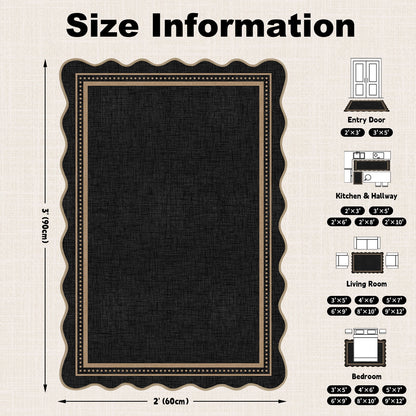 Bleum Cade Scalloped Entryway Rug 2'x 3', Washable Rug Solid Black Non Slip Door Mat Indoor,Soft Low Pile Ultra-Thin Stain‑Resistant Carpet for Kitchen,Hallway,Dorm