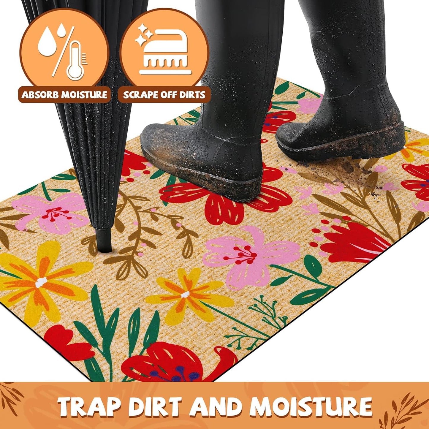 BLEUM CADE Spring Flower Door Mats  Outdoor,Non Slip Welcome Mat with Non-slip Rubber Backing,18" x 30 "