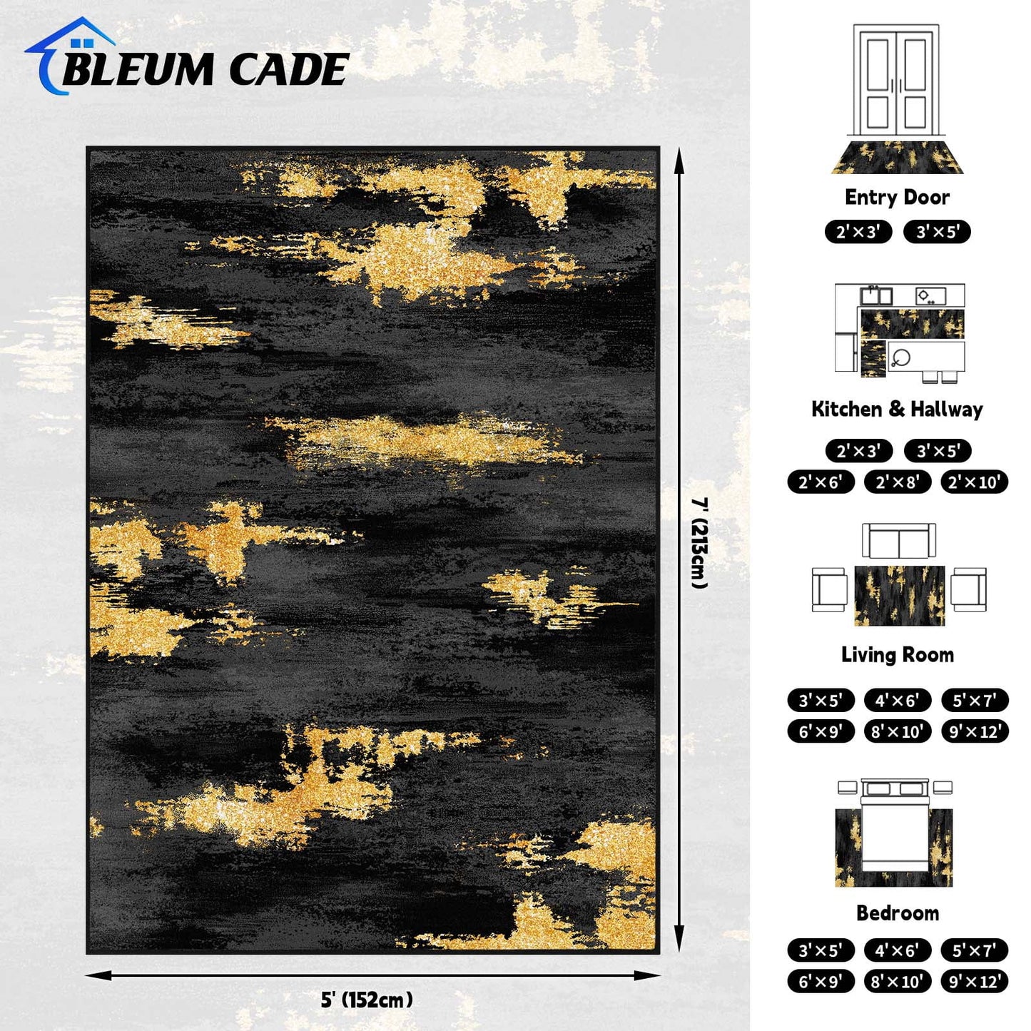 Bleum Cade 5'x7' Area Rugs for Living Room, Modern Abstract Rug Ultra Soft Washable Rugs for Bedroom, Anti Slip Durable Carpet Home Decor for Dining Room,Black Gold