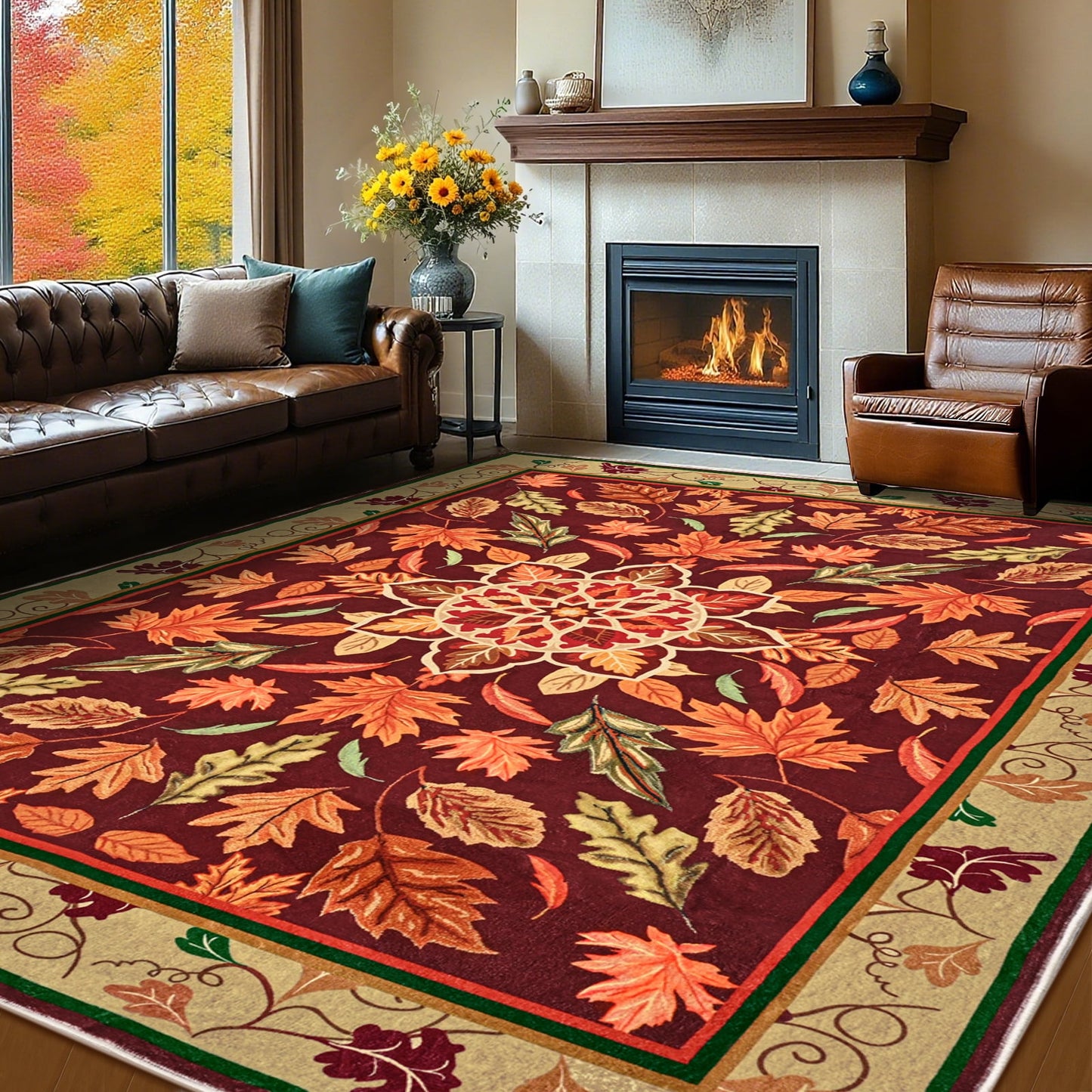Bleum Cade 5'x7' Fall Area Rugs for Living Room,Boho Floral Rug Ultra Soft Washable Rugs for Bedroom, Maple Leaf Anti Slip Durable Carpet Home Decor for Dining Room