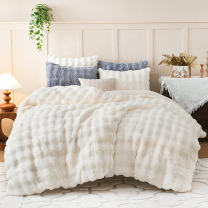 BLEUM CADE Faux Fur Comforter Set Queen Size Off-White,3 Piece Fluffy Fuzzy Soft Bedding Set,Shaggy Comforter with 2 Pillowcases