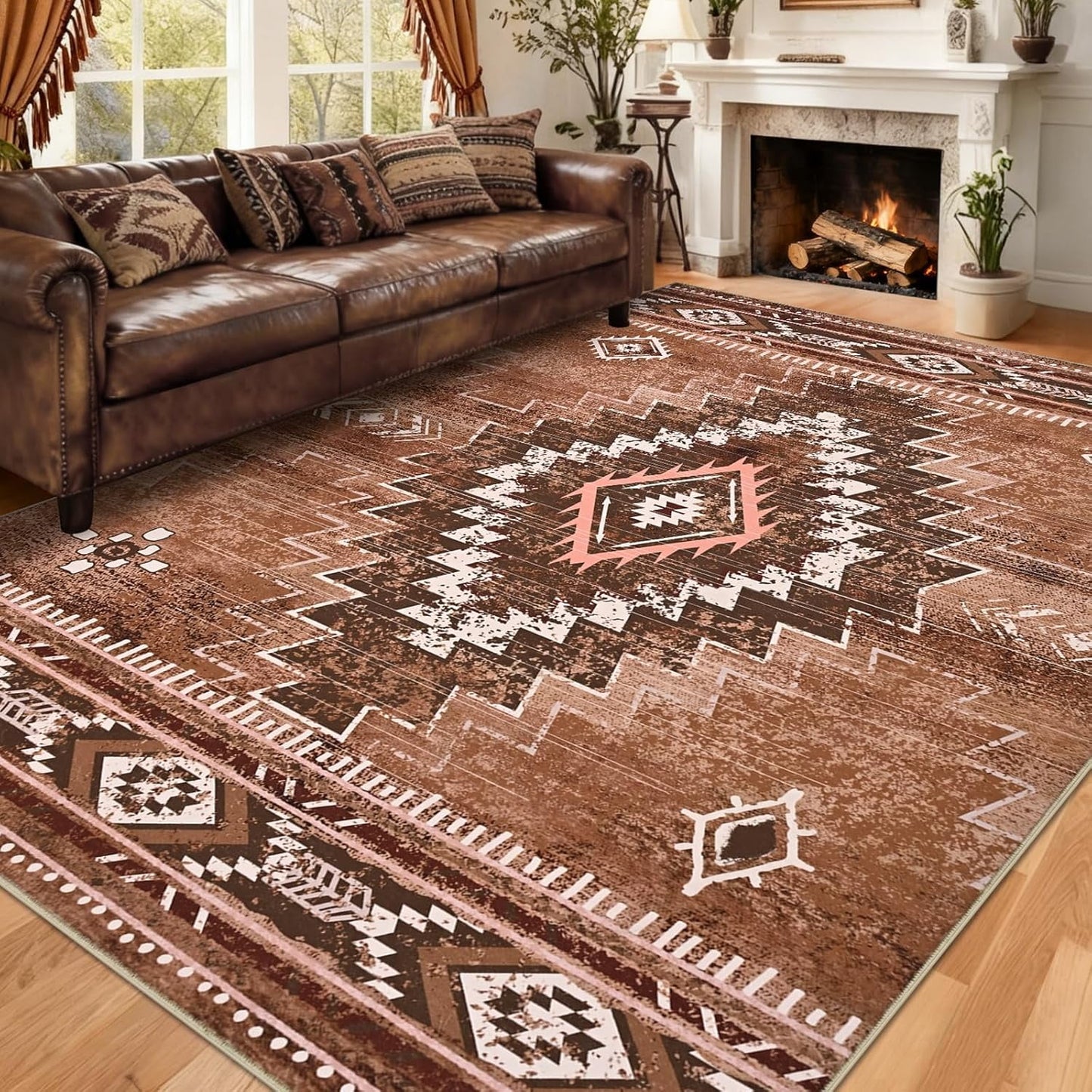 Bleum Cade Western 8'x10' Area Rugs for Living Room, Moroccan Washable Rugs for Bedroom, Non-Slip Boho Indoor Rug, Soft Low Pile Stain Resistant Geometric Floor Large Carpet Home Decor,Brown