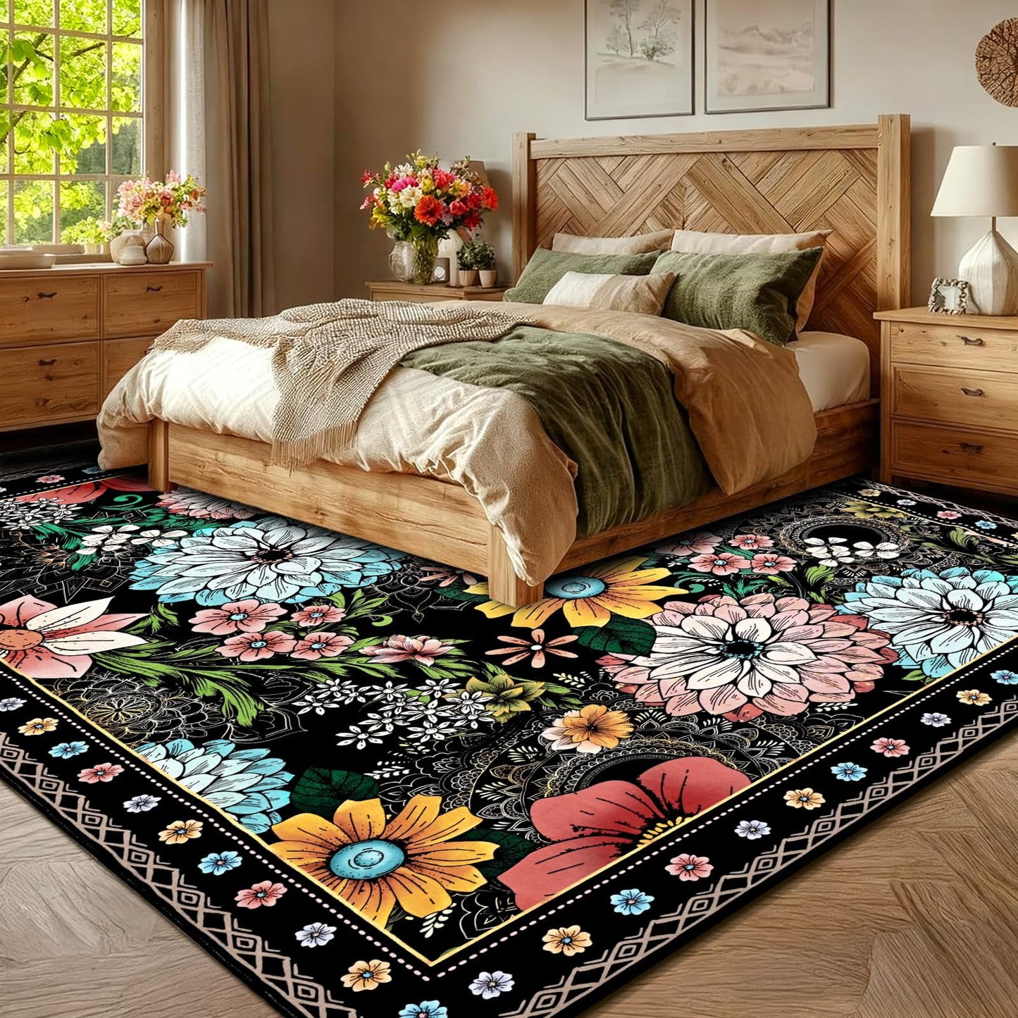 Bleum Cade Floral Area Rugs for Living Room 8x10, Boho Washable Rug, Soft Faux Wool Indoor Rug Carpet for Living Room Bedroom, Black