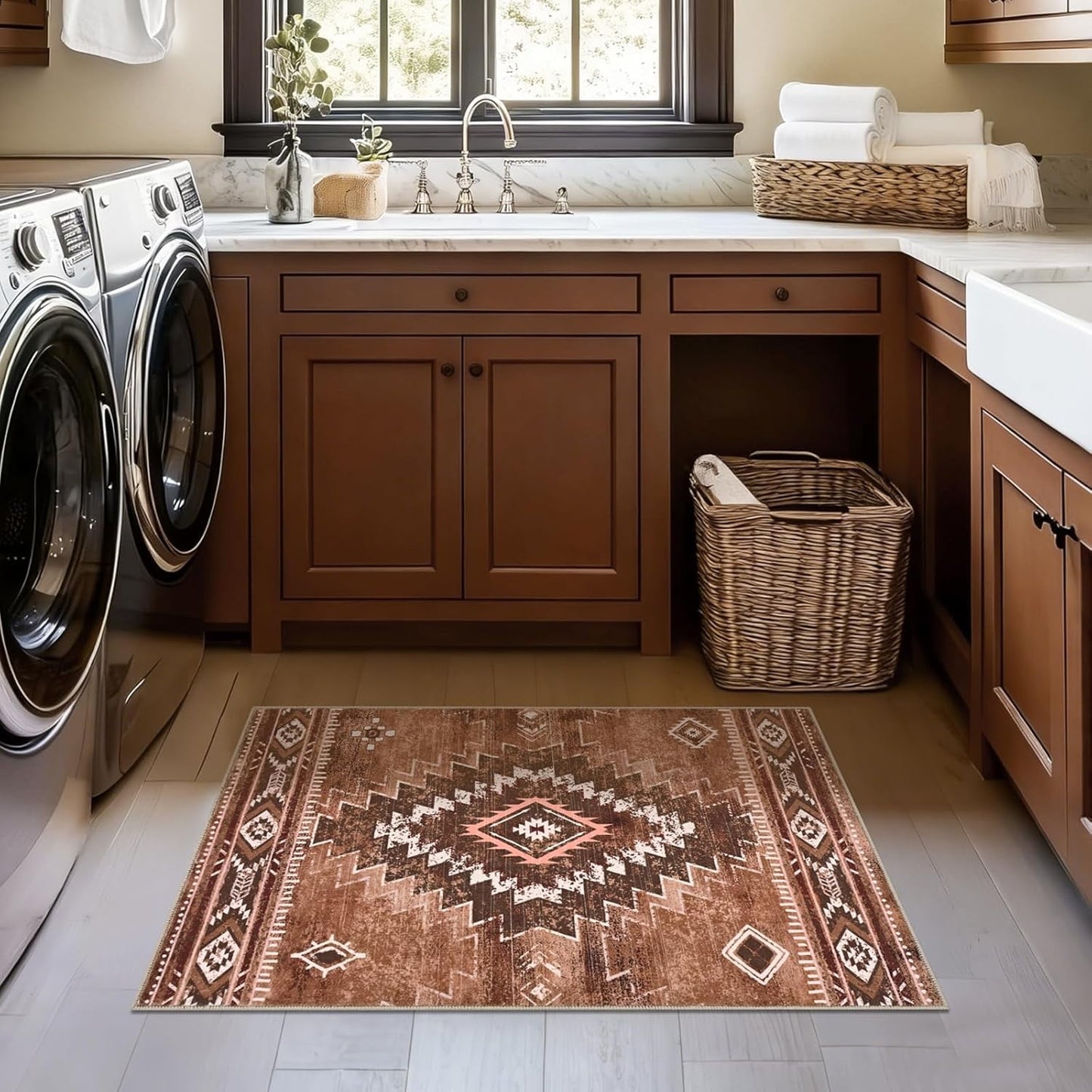 Bleum Cade Moroccan Bathroom Rug,Washable 2x3 Small Bath Mat, Boho Tribal Soft Non-Slip Geometric Entry Way Rug, Low-Pile Indoor Carpet for Bedside Entrance Laundry,Brown