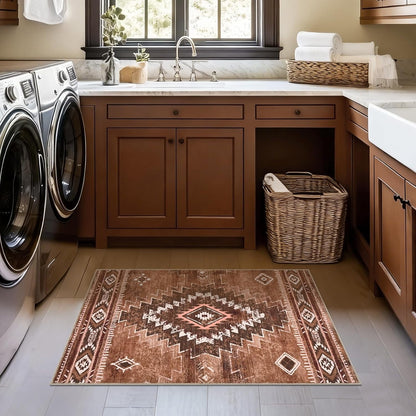 Bleum Cade Moroccan Bathroom Rug,Washable 2x3 Small Bath Mat, Boho Tribal Soft Non-Slip Geometric Entry Way Rug, Low-Pile Indoor Carpet for Bedside Entrance Laundry,Brown