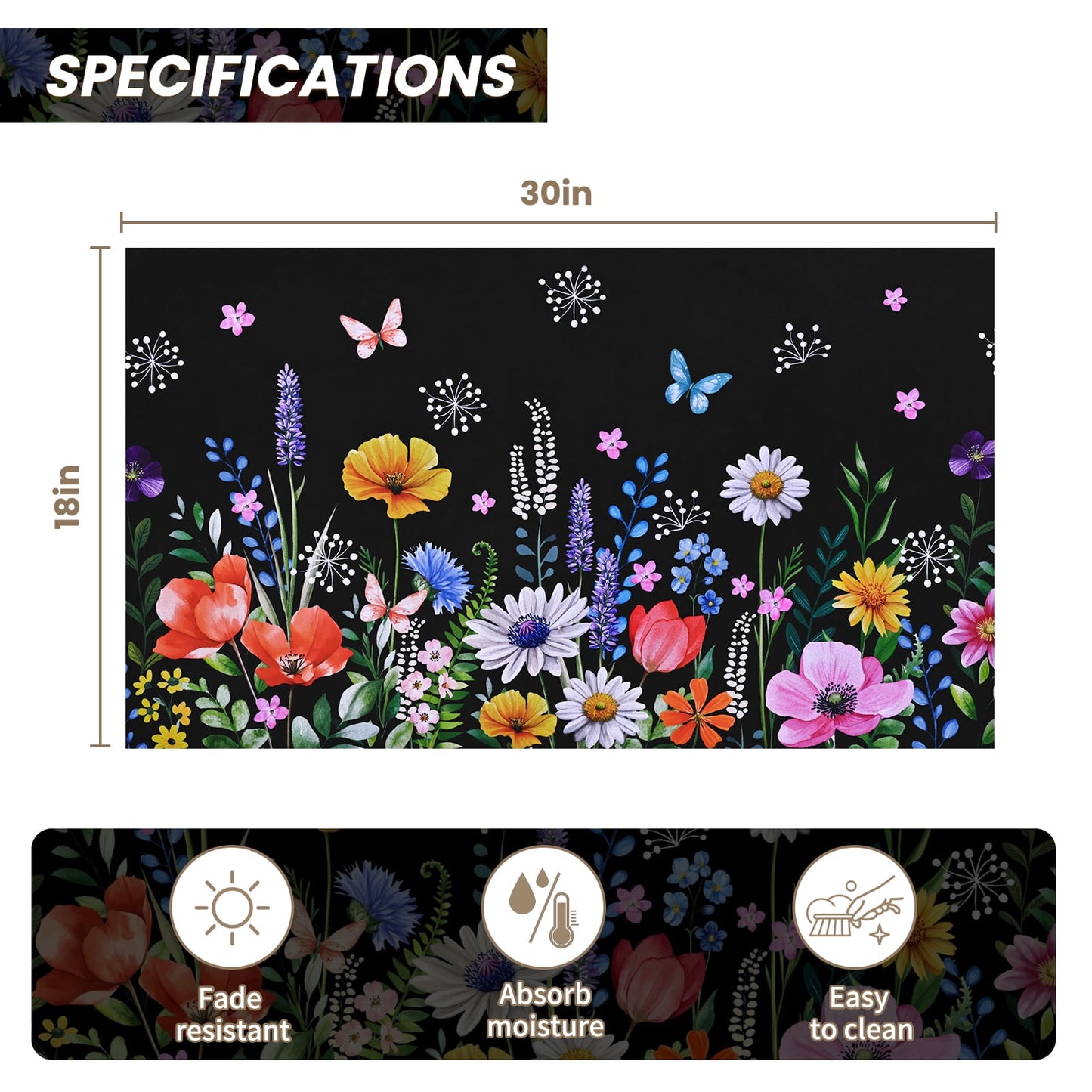 BLEUM CADE Spring Flower Door Mat,Vivid Butterfly Welcome Mat for Front Door,Non Slip Low Profile Outside Door Mats,Spring Summer Flower Decor Doormat,18" x 30"