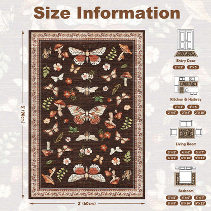 Bleum Cade Area Rug 2'x3' Washable Door Mat,Butterfly Mushroom Indoor Rugs for Entryway Doormat,Non Slip Ultra Soft Low Pile Welcome Mat for Hallway Laundry Entryway,Brown