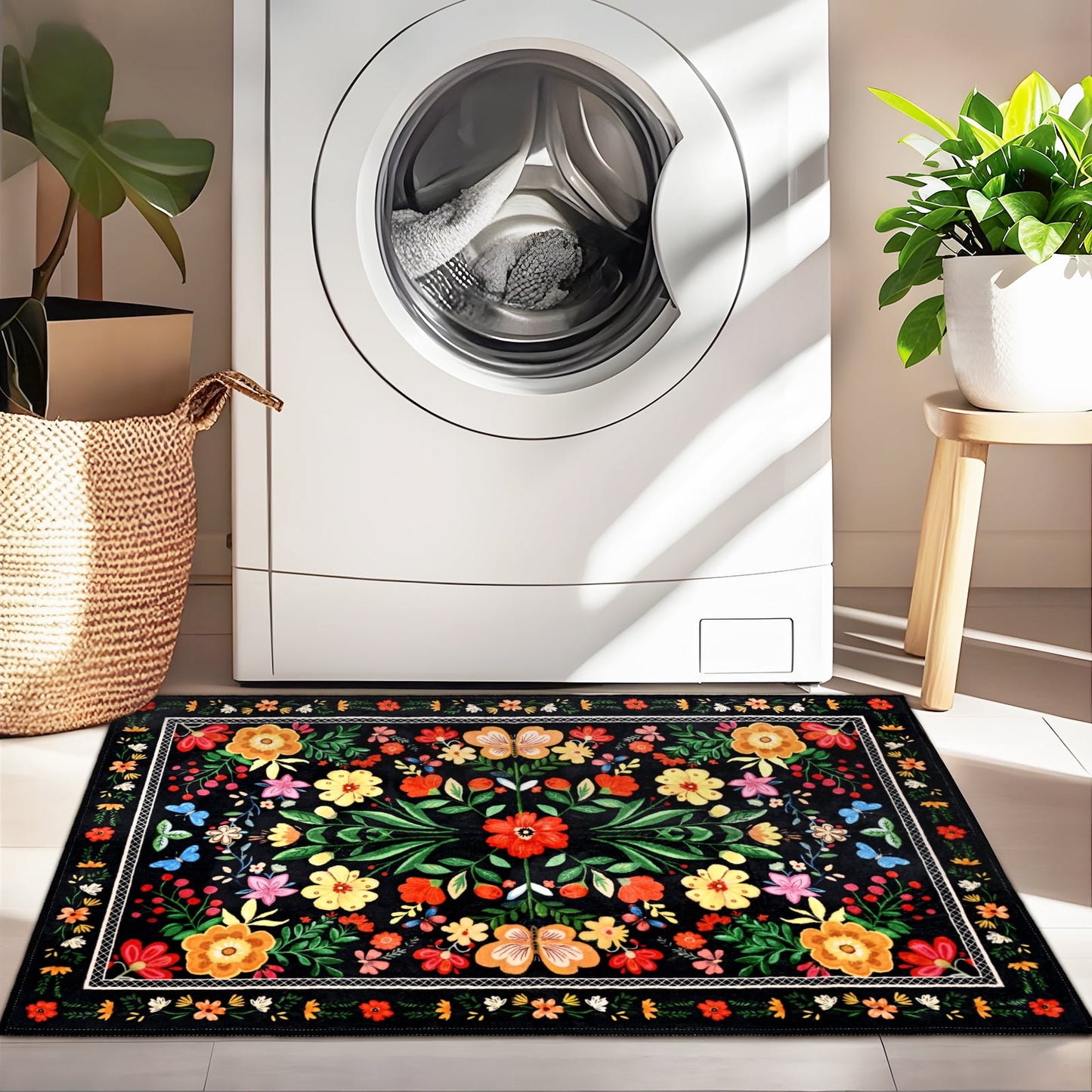 Bleum Cade Area Rugs for Doormat 2X3,Spring Boho Floral Rug, Machine Washable Non Slip Welcome Mat, Low Pile Carpet for Entryway, Kitchen, Front Door Indoor Entrance,Black