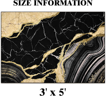 Bleum Cade Area Rugs for Living Room 3X5 Machine Washable Rugs Marble Swirl Abstract Rug Indoor Carpet, Soft Lightweight Non Slip Large Rug for Bedroom Dining Room,Black Gold