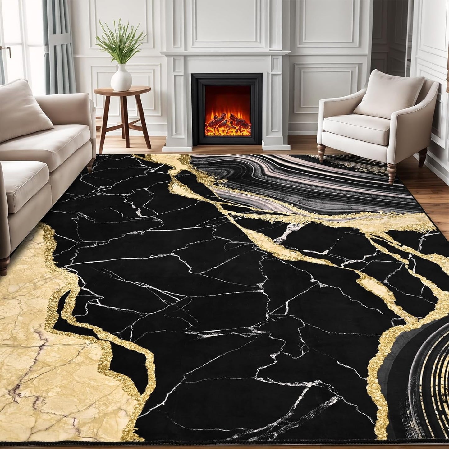 Bleum Cade 8'x10' Area Rugs for Living Room, Washable Rugs Modern Rugs for Bedroom Dinning Room,Marble Abstract Rug Ultra Soft Non Slip Durable Large Carpet Home Decor, Black Gold