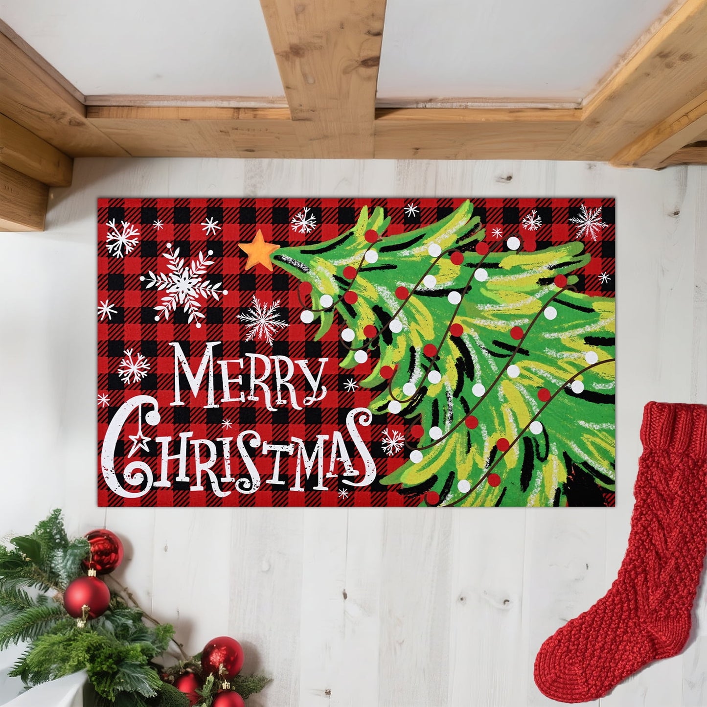 BLEUM CADE Christmas Welcome Mat,Christmas Tree Outdoor Door Mat Outside for Front Door,Red Buffalo Plaid Non-slip Rubber Backing Doormat,Low-Pile Mat for Entrance,18 x 30 in
