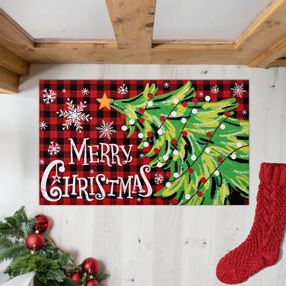 BLEUM CADE Christmas Welcome Mat,Christmas Tree Outdoor Door Mat Outside for Front Door,Red Buffalo Plaid Non-slip Rubber Backing Doormat,Low-Pile Mat for Entrance,18 x 30 in