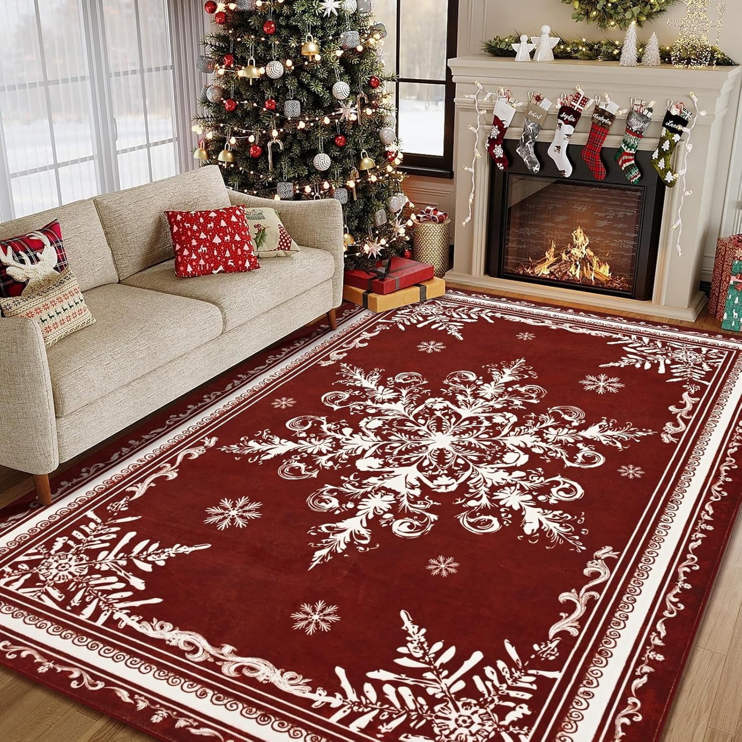 BLEUM CADE Christmas Snowflake 5'x7' Area Rugs for Living Room, Washable Rugs for Bedroom Dinning Room,Ultra Soft Non Slip Durable Large Carpet Christmas Decorations,Red