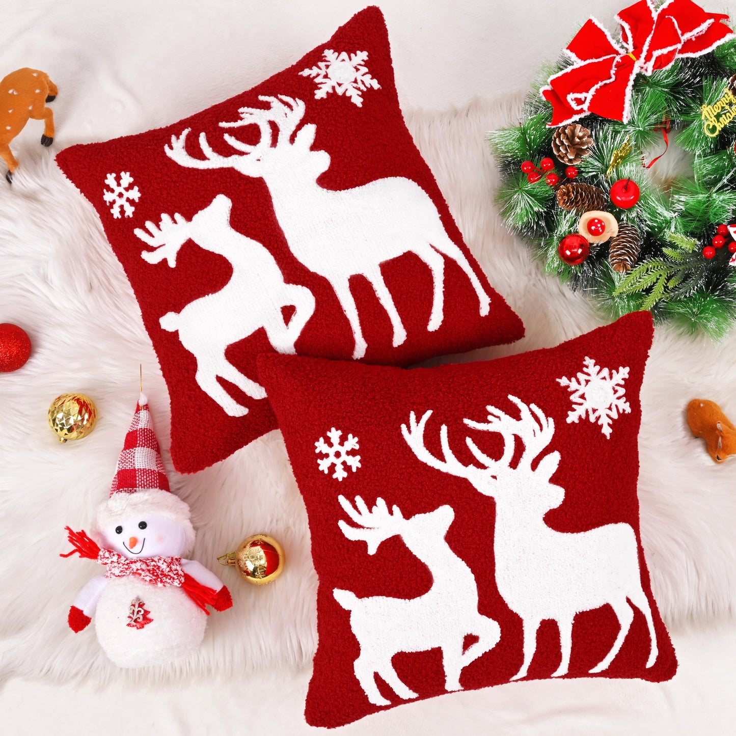 BLEUM CADE Christmas Throw Pillow Covers Set of 2,Teddy Fleece Xmas Red Soft Fleece Pillowcase with Christmas Elk Pattern,18 x 18 inches