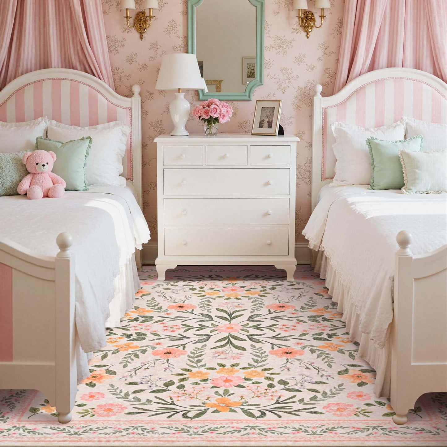 Bleum Cade 5'x7' Pink Rugs for Living Room,Boho Washable Floral Rugs for Bedroom Girls Room Decor,Ultra Soft Faux Wool Non Slip Low Pile Stain Resistant Carpet for Kids Living Dining Room Indoor