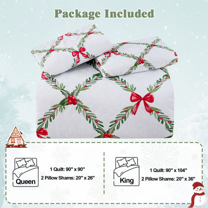 BLEUM CADE Christmas Quilts King Size 3 Piece, Bow & Festive Foliage Quilts Bedding Set, Christmas Decor Super Soft Bedspread Coverlet Set (1 Quilt, 2 Pillow Cases)