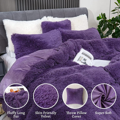 BLEUM CADE Luxury Fluffy Fuzzy King Bedding Comforter Set,3 Pieces Shaggy Duvet Cover Set,Furry Plush Velvet Comforter Cover with Zip Closure,Purple