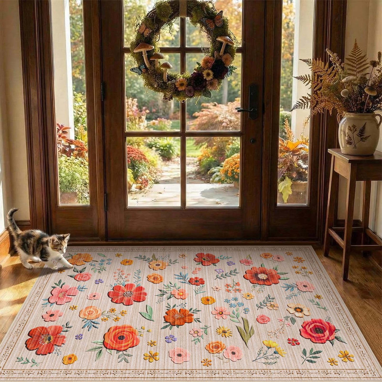 Bleum Cade 2x3 Small Area Rugs for Entryway, Boho Floral Washable Rug, Non Slip Door Mat Indoor Ourdoor, Soft Faux Wool Low-Pile Welcome Door Mat for Hallway Laundry