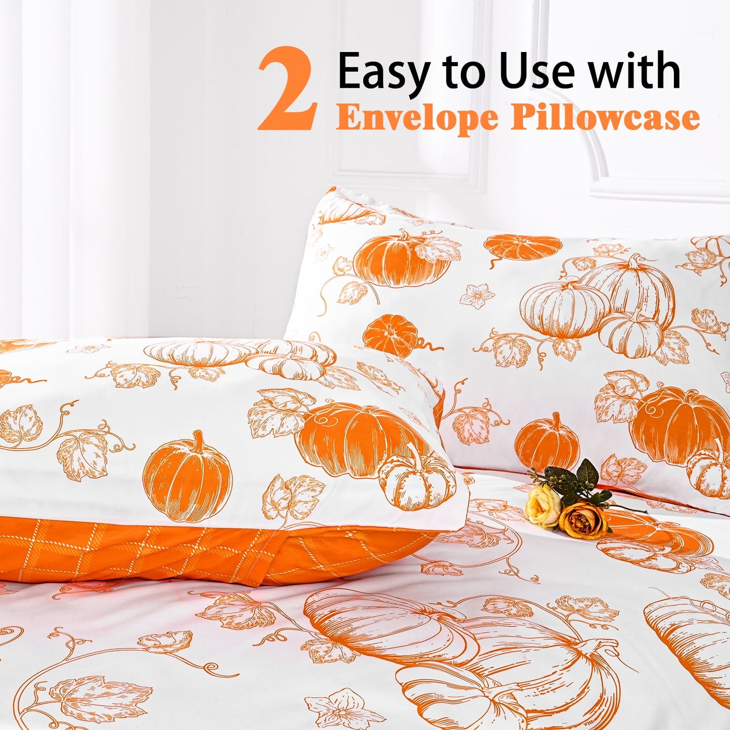 BLEUM CADE 3 Pieces Fall Duvet Cover Set,King Size Thanksgiving Pumpkins Lightweight Comforter Cover Set,Reversible Buffalo Plaid Bedding Cover Quilt Set