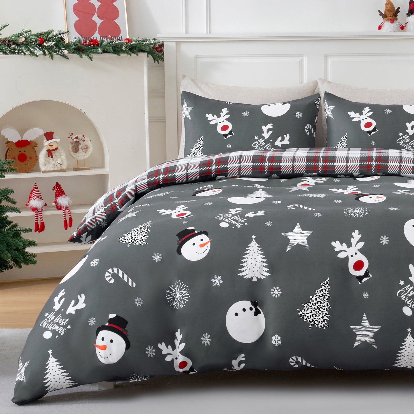 BLEUM CADE Christmas Duvet Cover Set Snowman Plaid 3 Piece Bedding Set for Double Bed 1 Duvet Cover, 2 Pillow Cover