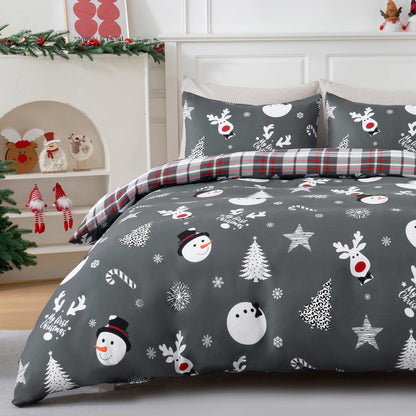 BLEUM CADE Christmas Duvet Cover Set Snowman Plaid 3 Piece Bedding Set for Double Bed 1 Duvet Cover, 2 Pillow Cover