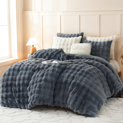 BLEUM CADE Fluffy Comforter Set King Size,Faux Fur Luxury Fuzzy Bedding Sets Gray,Shaggy Plush Duvet Cover Set with 2 Pillowcases