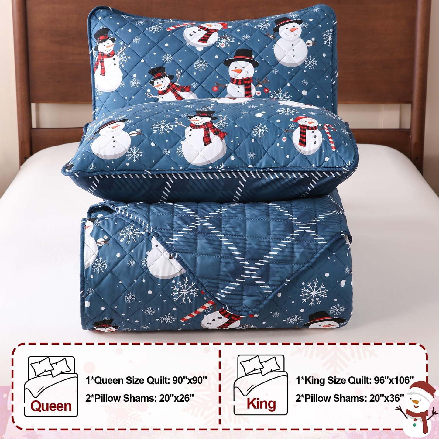 BLEUM CADE Christmas Quilts Sets Queen Size,3 Pieces Christmas Snowman Quilt Bedding Set, Reversible Blue Buffalo Plaid Comforter Sets, Christmas Tree Soft Lightweight Xmas Bedspread Coverlet,90"x90"