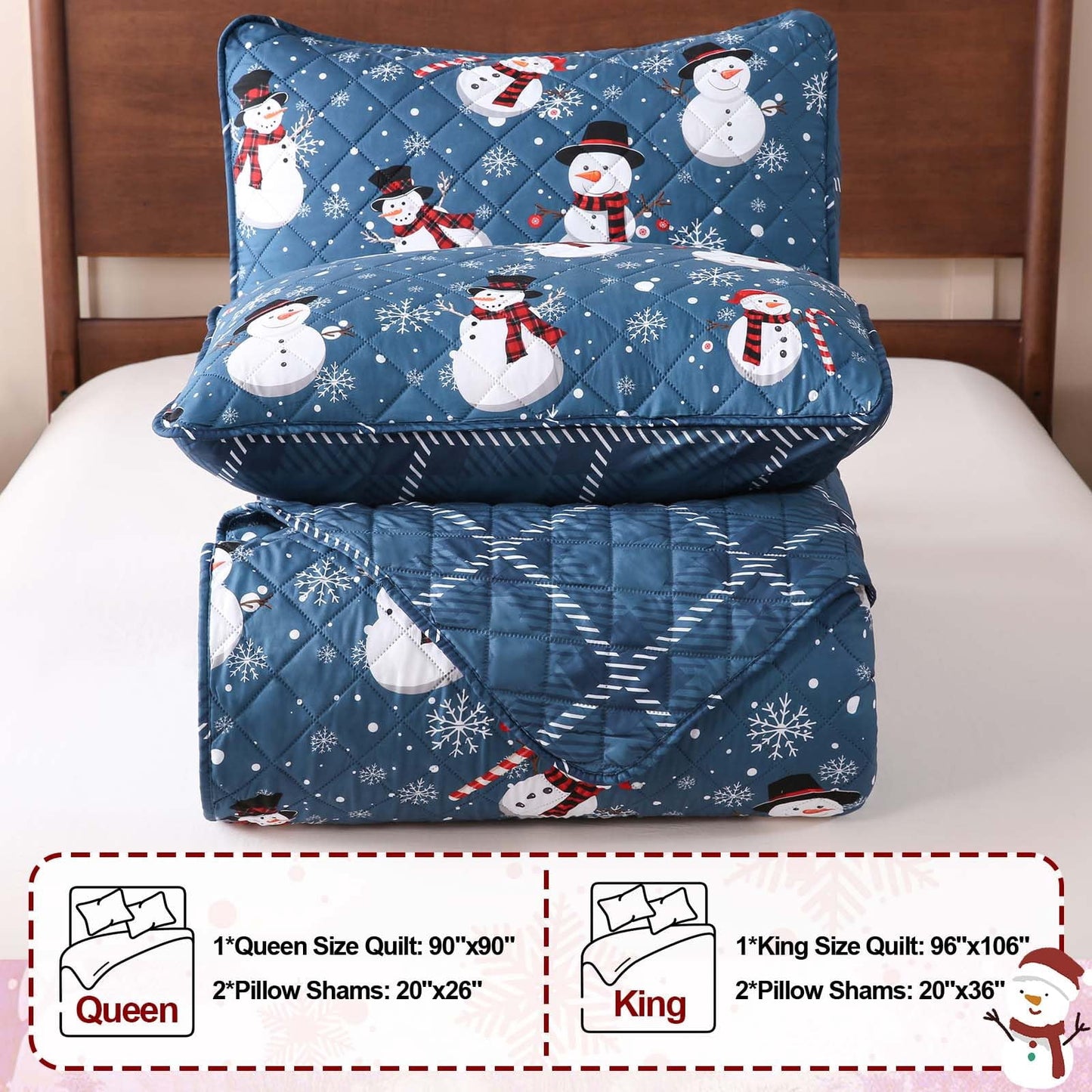 BLEUM CADE Christmas Quilts Sets King Size,3 Pieces Christmas Snowman Quilt Bedding Set,Reversible Blue Buffalo Plaid Comforter Sets,Christmas Tree Soft Lightweight Xmas Bedspread Coverlet,106" x 96"