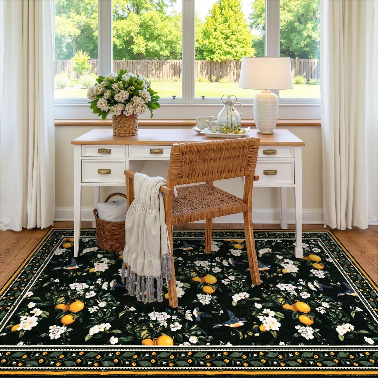 BLEUM CADE Vintage Floral Area Rug 3x5 Hummingbird Washable Non Slip Rug Foldable Low Pile Lemon Carpet for Living Room,Black