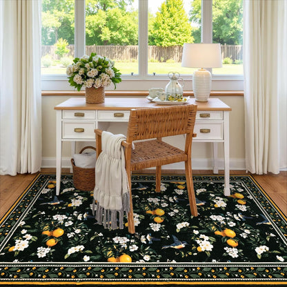 BLEUM CADE Vintage Floral Area Rug 3x5 Hummingbird Washable Non Slip Rug Foldable Low Pile Lemon Carpet for Living Room,Black