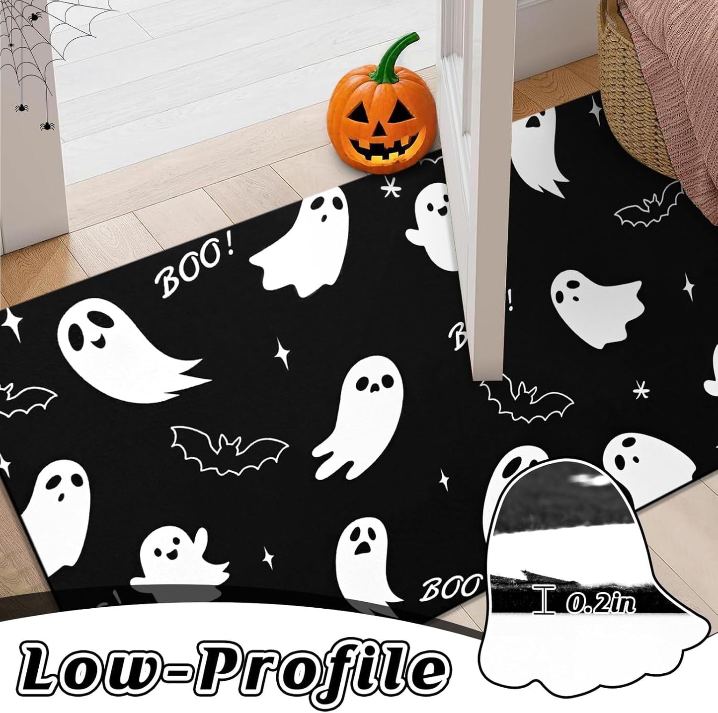 BLEUM CADE Halloween Welcome Mat Ghost Bat Outdoor Doormat,Non Slip Low Profile Entrance Mat for Outside Patio,18 x 30 inches