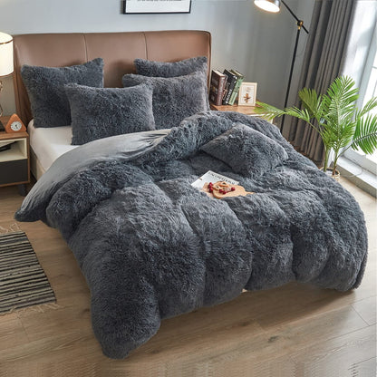 BLEUM CADE Luxury Fluffy Fuzzy Twin Bedding Comforter Set，3 Pieces Shaggy Duvet Cover Set，Furry Plush Velvet Comforter Cover with Zip Closure，Twin，Dark Grey