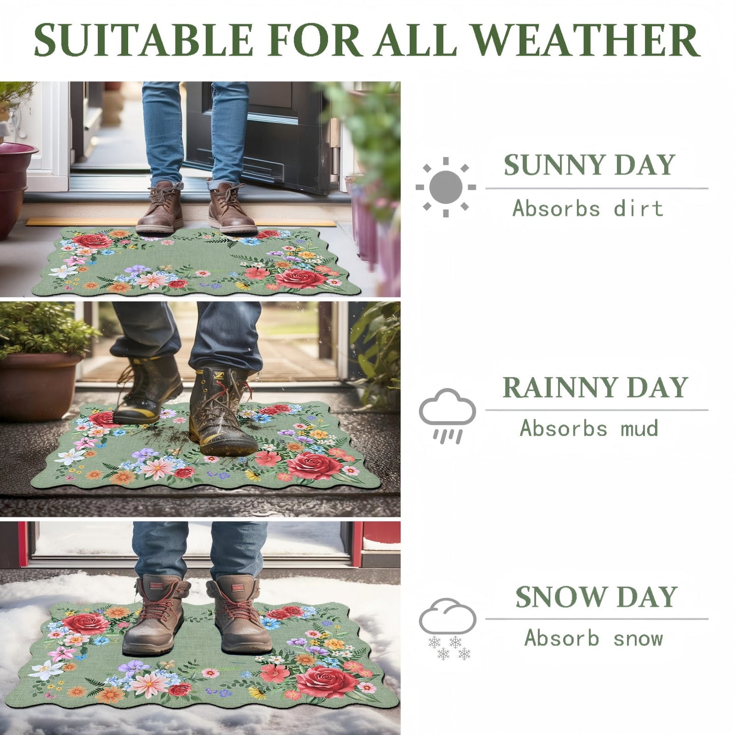 BLEUM CADE Spring Door Mat Low Profile Welcome Mat,Non Slip Rubber Backing Outside Door Mats Green Floral for Front Door,Patio,Entryway,18" x 30"