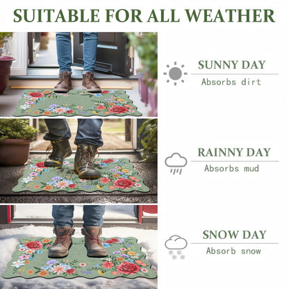 BLEUM CADE Spring Door Mat Low Profile Welcome Mat,Non Slip Rubber Backing Outside Door Mats Green Floral for Front Door,Patio,Entryway,18" x 30"
