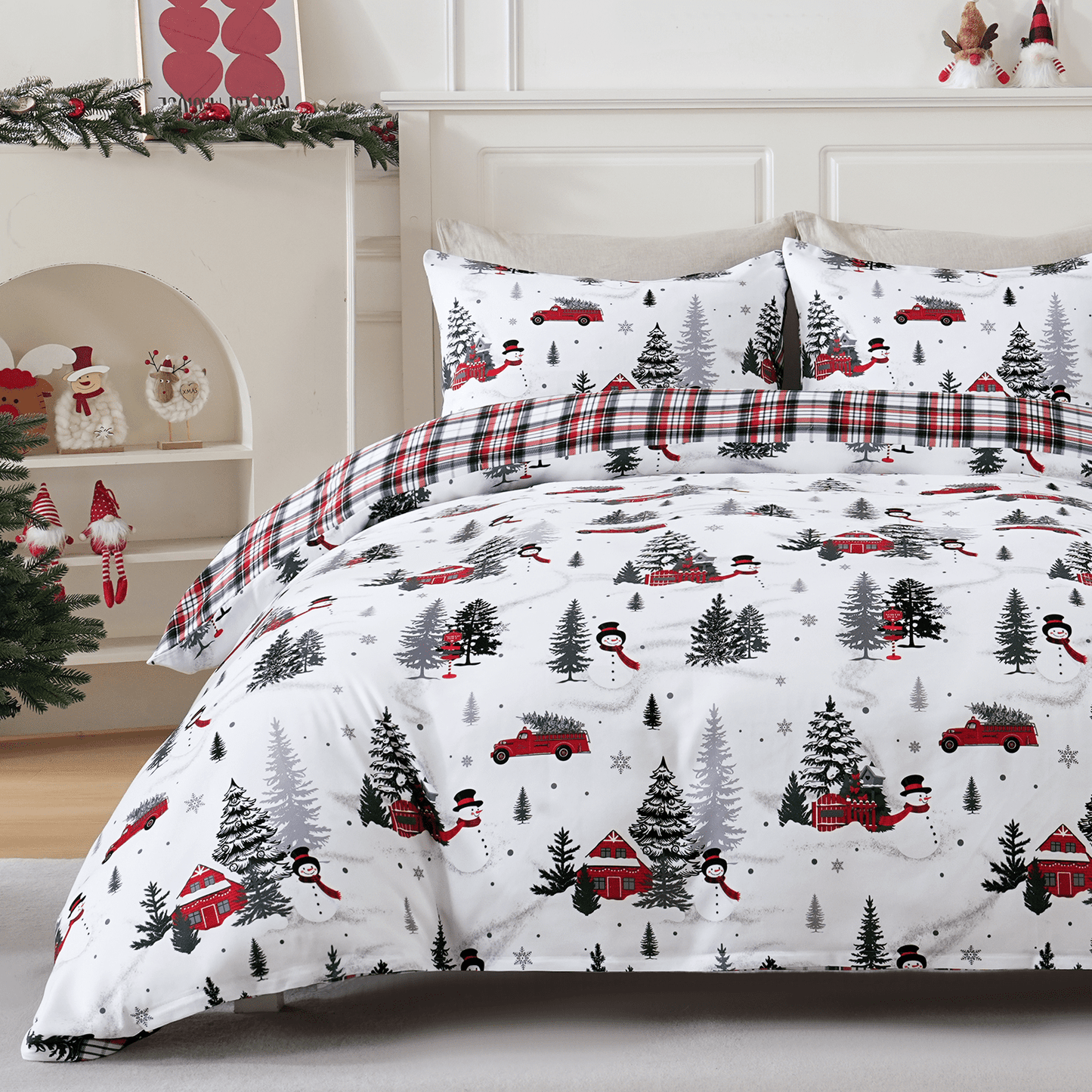 BLEUM CADE Duvet Cover Set Christmas Tree Snowflake Plaid Set Festive 3 - Piece with Pillow Cover, Soft Microfiber for Home Bedroom Set, Holiday Season Theme