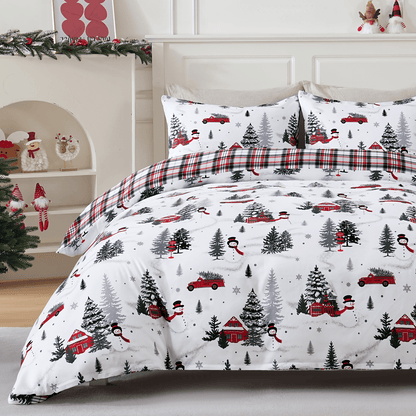 BLEUM CADE Duvet Cover Set Christmas Tree Snowflake Plaid Set Festive 3 - Piece with Pillow Cover, Soft Microfiber for Home Bedroom Set, Holiday Season Theme