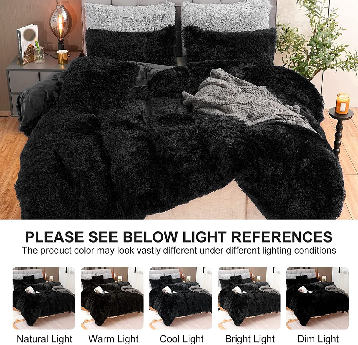 BLEUM CADE Luxury Fluffy Fuzzy King Bedding Comforter Set,3 Pieces Shaggy Duvet Cover Set,Furry Plush Velvet Comforter Cover with Zip Closure,King,Black