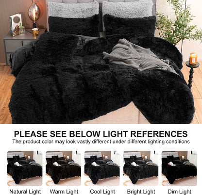 BLEUM CADE Luxury Fluffy Fuzzy King Bedding Comforter Set,3 Pieces Shaggy Duvet Cover Set,Furry Plush Velvet Comforter Cover with Zip Closure,King,Black