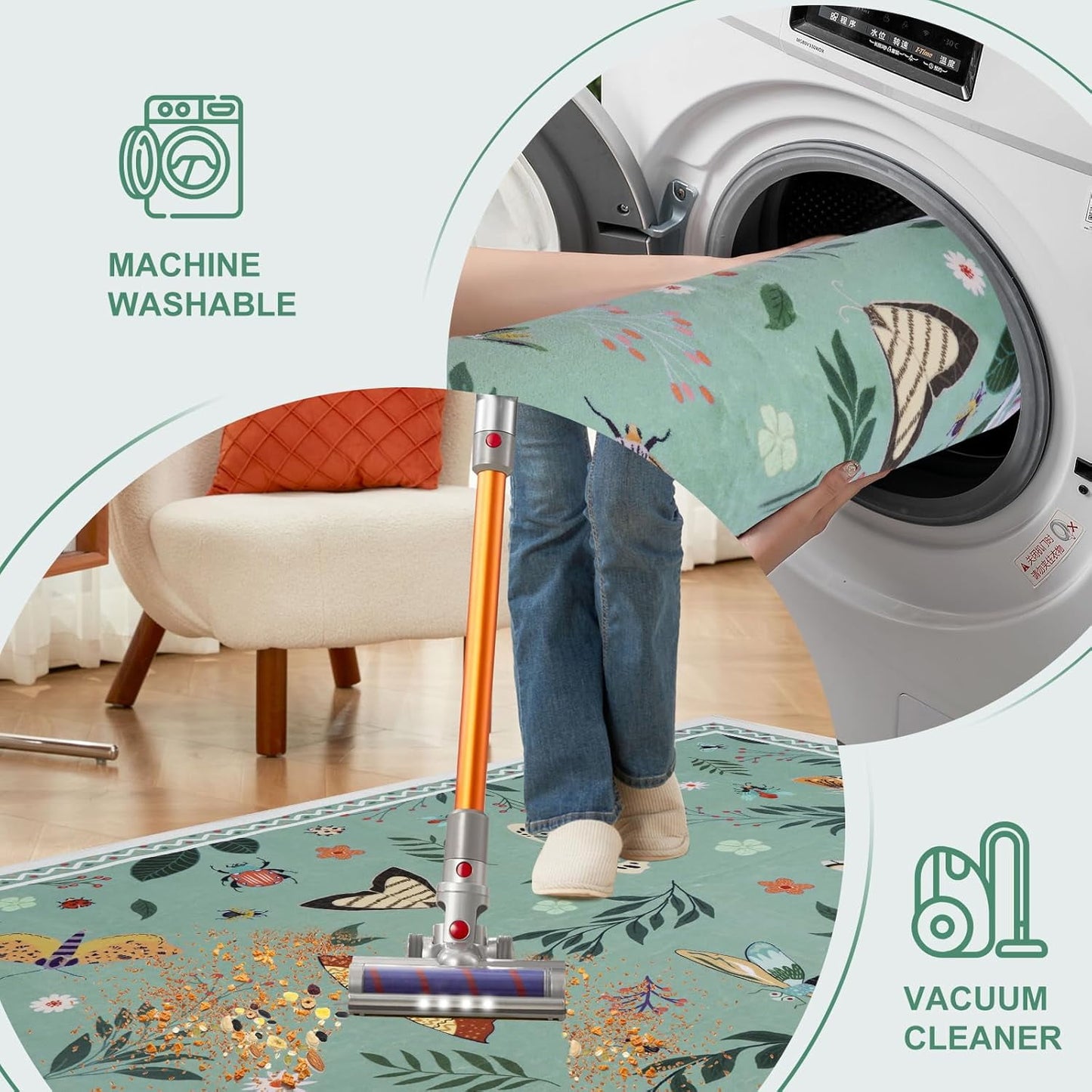 Bleum Cade 3'x5' Boho Area Rugs for Living Room, Machine Washable Foldable Indoor Rugs Carpet, Soft Lightweight Non Slip Large Rug for Bedroom Dining Room,Green