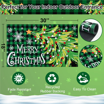 BLEUM CADE Christmas Welcome Mat,Christmas Tree Outdoor Door Mat Outside for Front Door,Non-slip Rubber Backing Doormat,Low-Pile Mat for Entrance,18 x 30 in,Black