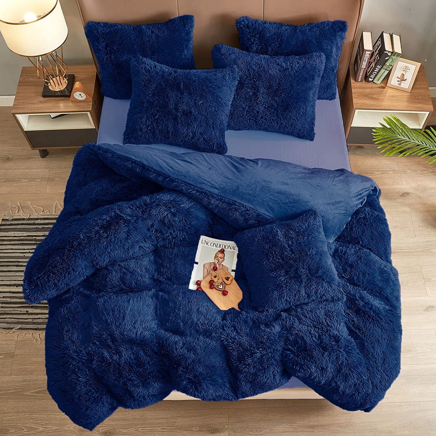 BLEUM CADE Luxury Fluffy Fuzzy King Bedding Comforter Set,4 Pieces Shaggy Duvet Cover Set,Furry Plush Velvet Comforter Cover with Zip Closure,King,Navy Blue