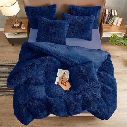 BLEUM CADE Luxury Fluffy Fuzzy King Bedding Comforter Set,4 Pieces Shaggy Duvet Cover Set,Furry Plush Velvet Comforter Cover with Zip Closure,King,Navy Blue
